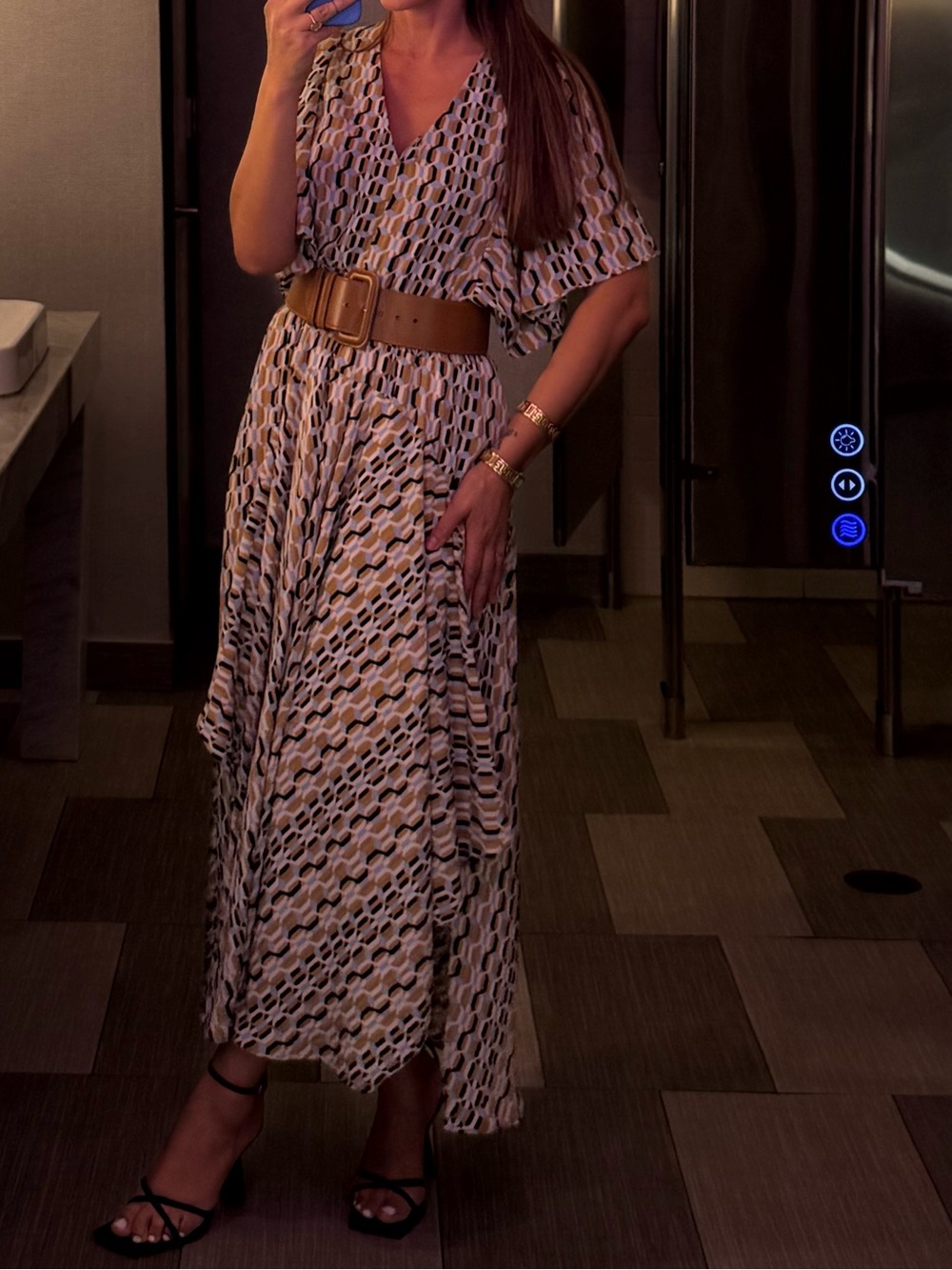 Geo-Print Flutter Sleeve Maxi Dress in Mustard/Black/White